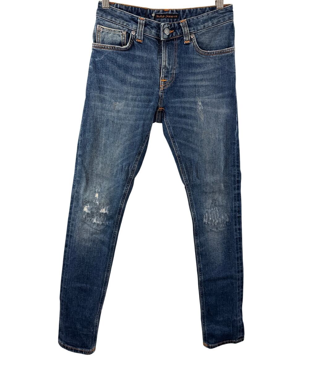 NUDIE Blue Jeans Organic Cotton Denim Distressed Skinny Leg Zip Fly Size 27x30